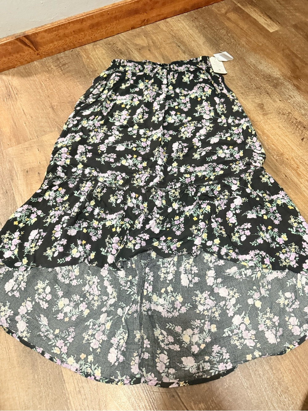 Hippie Rose Black Floral High-Low Maxi Skirt with Pink & Cream Blooms
